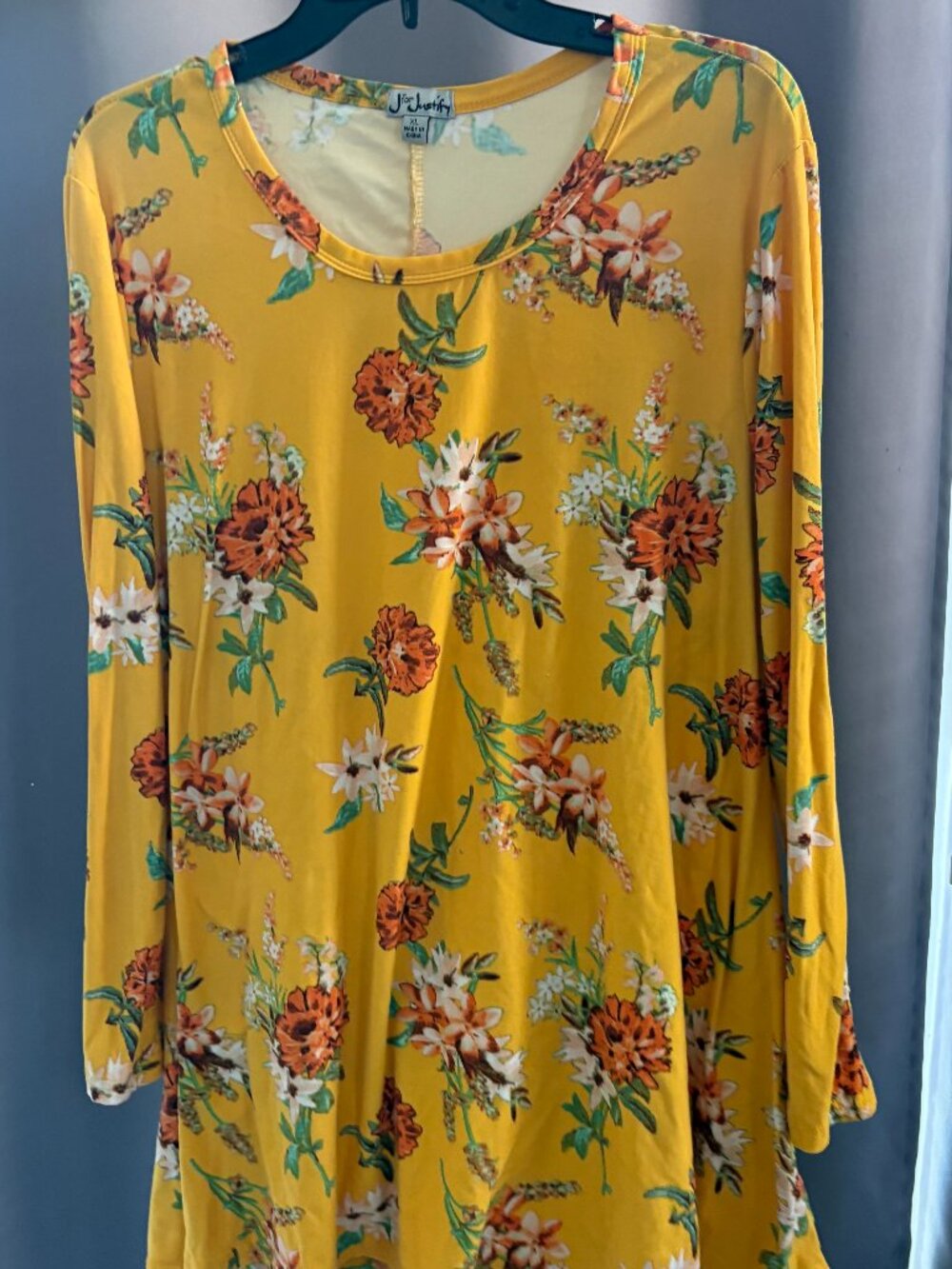 Just Love Mustard Yellow Floral Long Sleeve Swing Tunic Dress Pockets XL